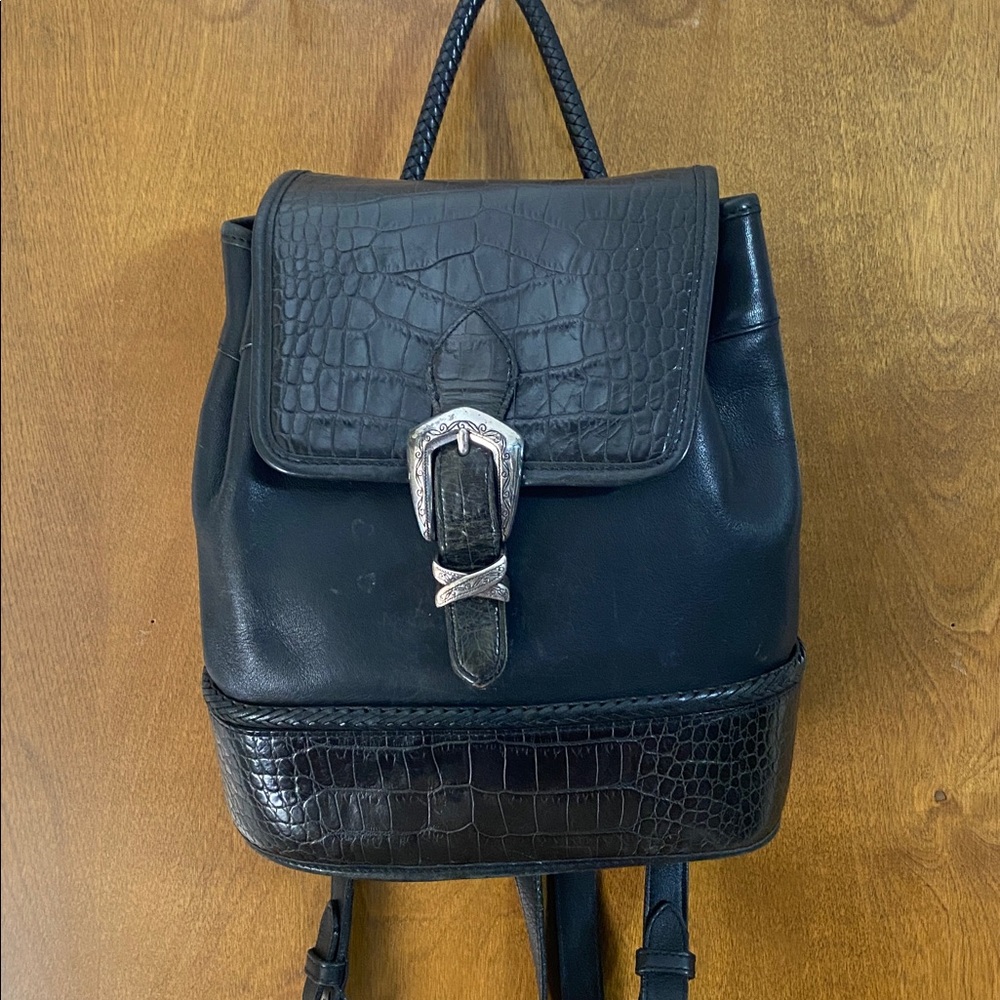 Vintage -Brighton- Black Croc-Embossed Leather Backpack - Vintage